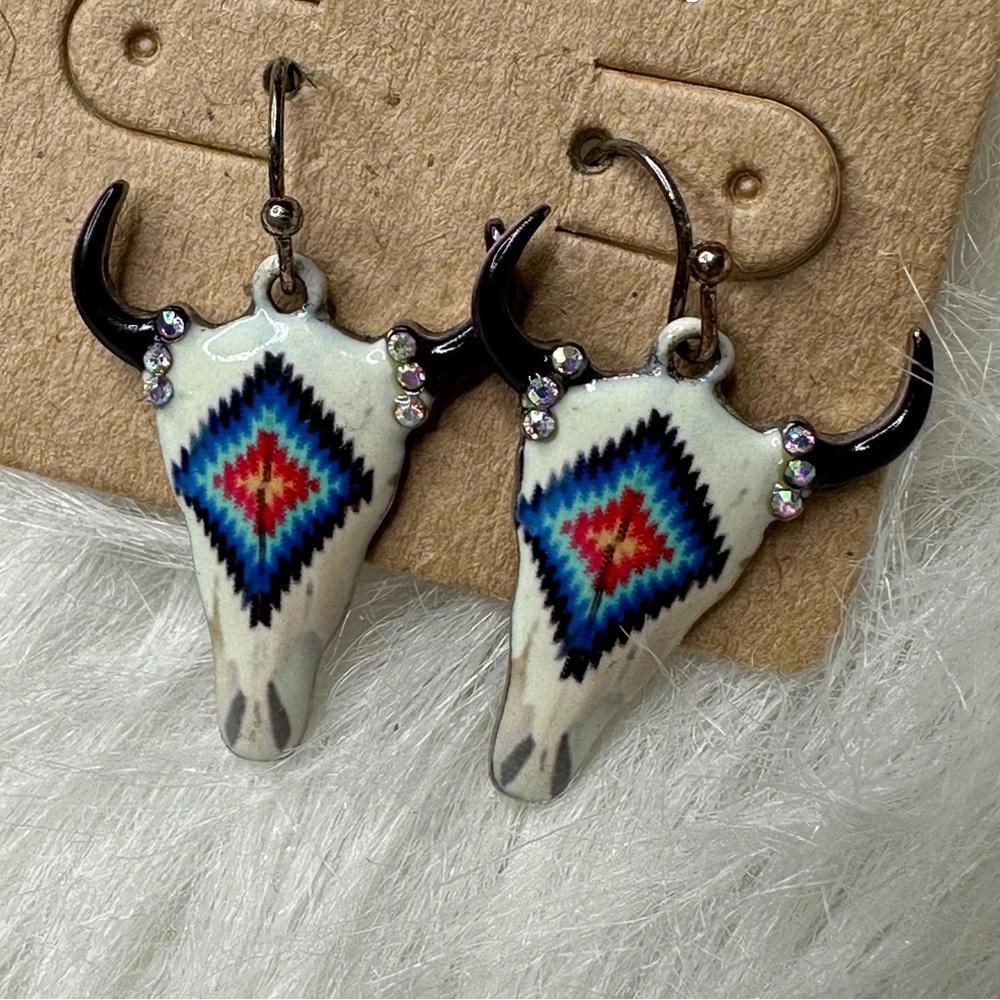 Tipi Boho Bull Skull Earrings with Colorful Accents - Picture 5 of 5